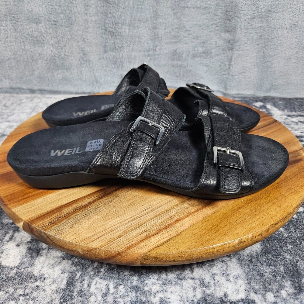Dr. Andrew Weil Sandals Womens 8 Black Mystic Leather Orthoheel Buckle Straps